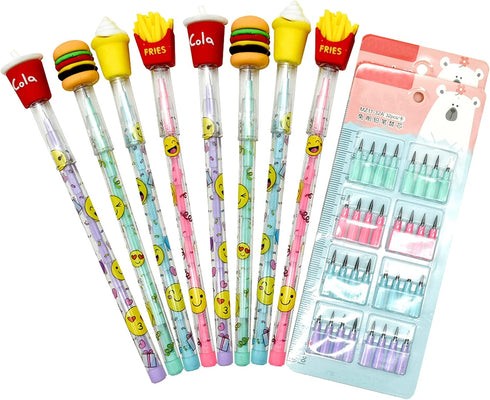 12PCS Novelty Food Pencils Non Sharpening Pencils Stackable Pencils Chips Pencil Hamburger Ice Cream Pencil Cola Pencils With 64 Nibs For School S...