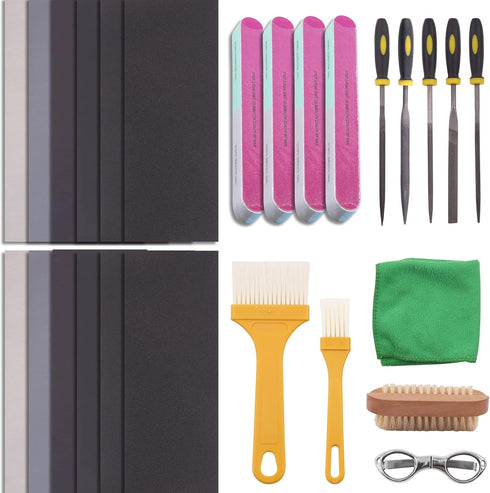 Rustark 26Pcs Resin Sanding and Polishing Casting Tools Assortment Kit Includes Sand Papers Metal Resin Files Polishing Blocks Scissors Brush Poli...