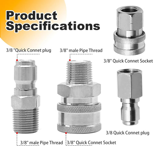 2 Sets 1/4 Inch NPT Stainless Steel Pressure Washer Quick Connect Plug Coupler Kit, Male and Female Fittings with Internal and External Threads...