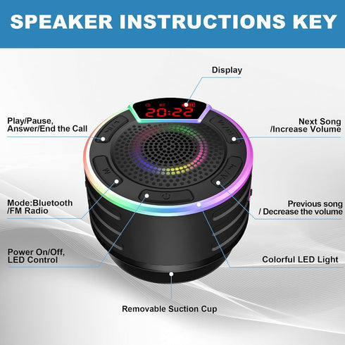 Bluetooth Speakers, IPX7 Waterproof Shower Speaker, Portable Speaker with LED Display, FM Radio, Suction Cup, Light Show, Built-in Mic, Best Gifts...