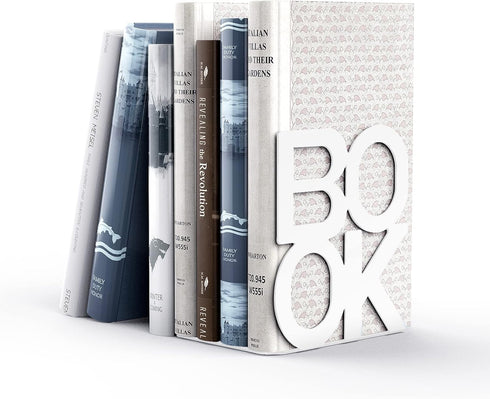 Book Ends - Decorative Metal Book Ends Supports for Bookrack Desk,Books, Unique Appearance Design,Heavy Duty (White)...