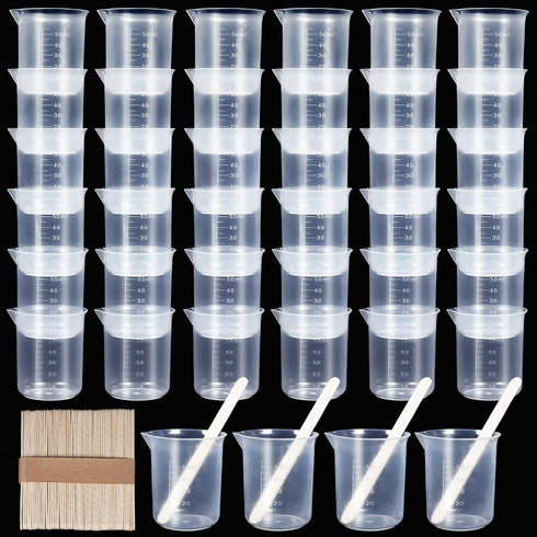 40 PCs 50ML Resin Measuring Cup Reusable Resin Cups Plastic Beakers, 50 PCS Wooden Stir Stick Multipurpose Mixing Cups for Resin Epoxy Mixing Pain...