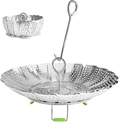 Steamer Basket Stainless Steel Vegetable Basket Metal Handle Folding Silicone Feet Steamer Insert for Cooking Veggies Fish Seafood Include Safety ...