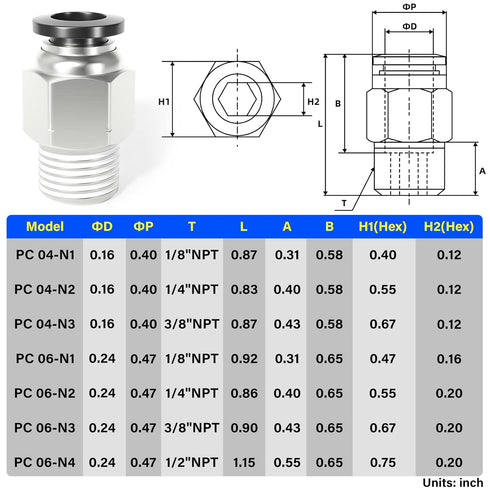 TAILONZ PNEUMATIC Male Straight 4mm Tube OD x 1/8 Inch NPT Thread Push to Connect Fittings PC4-N1 (Pack of 2)...