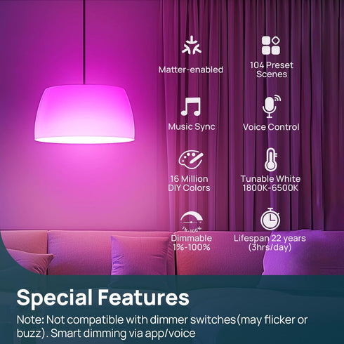 Linkind Matter Smart RGBTW Bulb,1100LM 75W Smart Light Bulbs, Work with Alexa/Apple Home/Google Home/SmartThings, LED Color Changing Bulbs Music S...