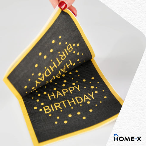 HOME-X Happy Birthday Black and Gold Paper Napkins, Square Party Napkins, 48 Count - 6.5" x 6.5"...