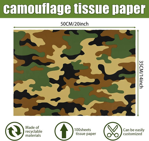 100 Sheets 20 * 14 Inches Camo Tissue Paper for Gift Wrapping, Green Black Camouflage Tissue Paper for Gift Bags for Birthday Camping Themed Party...