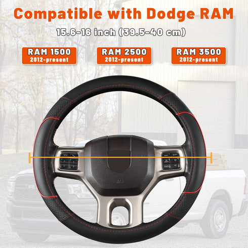 GIANT PANDA Car Steering Wheel Cover for Dodge Ram 1500 2500 3500 - Black+Red Trim...