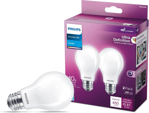 Philips LED A19 Frosted Ultra Definition Dimmable LED Light Bulbs - Flicker-Free 40w Light Bulbs with EyeComfort Technology -Daylight 5000K Lightb...