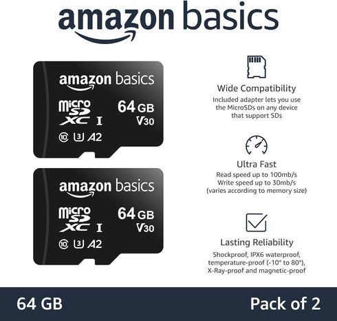 Amazon Basics Micro SDXC Memory Card with Full Size Adapter, A2, U3, Read Speed up to 100 MB/s, 64 GB (2pack), Black...