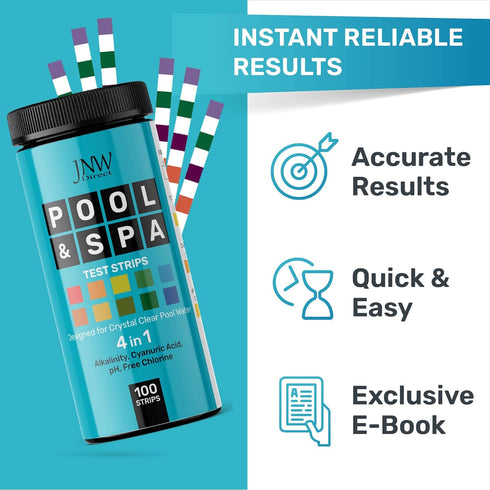 JNW Pool Test Strips, 4in1 Quick & Accurate 100 Pool and Spa Test Strips, Pool Water Test Kit - Free Chlorine, pH, Alkalinity, Cyanuric Acid Pool ...
