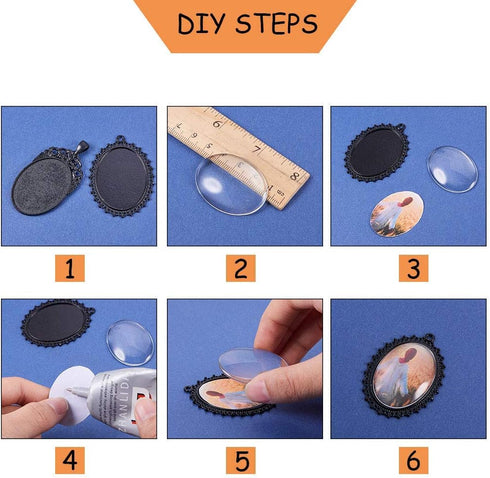 PH PandaHall 24pcs 30x40mm Pendant Trays for Jewelry Making Black Oval Blank Bezel Pendant Trays Settings and Glass Cabochon Memorial Photo Charms...