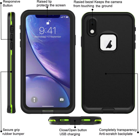 Waterproof Case,Retail Packaging,Rugged Heavy Duty Wireless Charging Full Body Protective with Built-in Screen Protector Clear Case for iPhone XR ...
