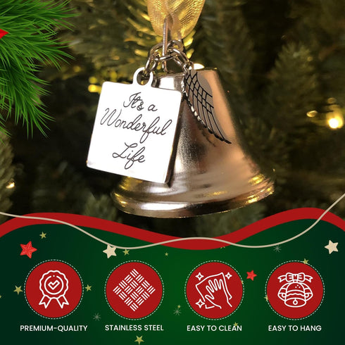 It's a Wonderful Life Inspired Christmas Angel Bell Ornament with Stainless Steel Angel Wing Charm. New Larger Size and Now Comes with 2 Interchan...
