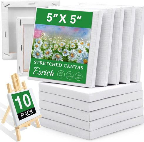 ESRICH Mini Stretched Canvas 10 Pack 5x5inch, 2/5''Profile Art Primed Canvases for Painting, Cotton Small Professional Stretched Canvas for Kids a...