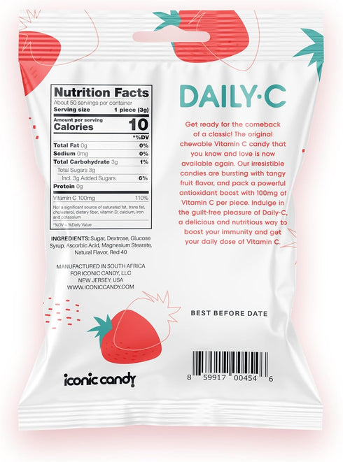 Chewable Vitamin C Strawberry Chewable Candy | 100MG of Vitamin C in Each Piece | Brought to You by Iconic Candy (Strawberry, 5.3oz Peg Bag)...