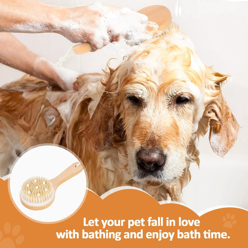 Dog Bath Brush Pet Shampoo Handle Bath Brush with Massage Points Dog Grooming/Washing/Massaging Wooden Brush Natural Bristle Dog Brush Removal Loo...