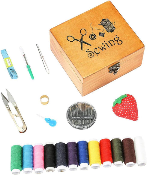 Sewing Kit, Wooden Sewing Kit Box for Adults, Wooden Sewing Basket with Accessories, Home Sewing Basket Stitching Repair Kit for Beginner, Women, ...