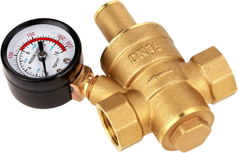 DN15 Brass Adjustable Water Pressure Regulator Reducer with Gauge Meter Combo for RV RV Plumbing and Hoses from High Pressure City Water...