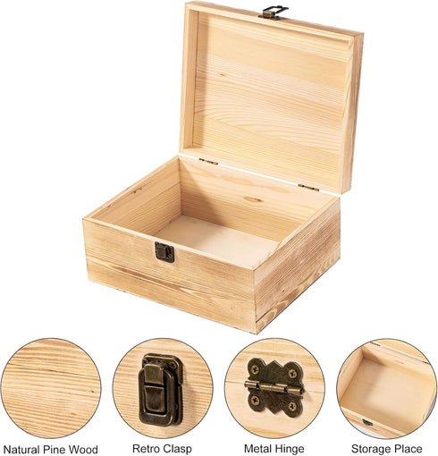 Wooden Storage Box Container with Hinged Lid and Front Clasp, 9.4'' x 7.7'' x 4.3'' Large Keepsake Box, Rustic Wood Boxes for Crafts Art Hobbies a...