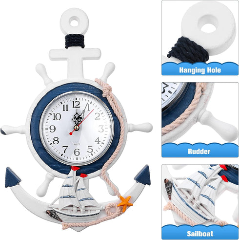 Sea Theme Nautical Anchor Steering Wheel Fishing Net Wall Clock Suit for Hanging Decoration Ornament Shelf Stand Wall Mounted...
