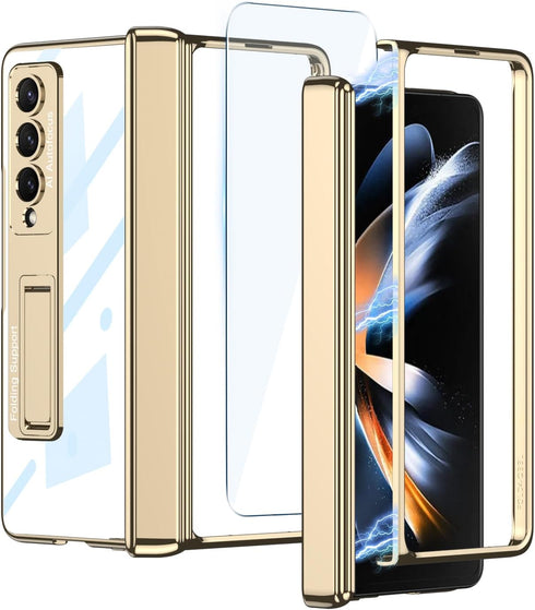 for Samsung Galaxy Z Fold 4 5G Clear Case with Magnetic Hinge Protection and Adjustable Kickstand & Screen Protector, Transparent Electroplating M...