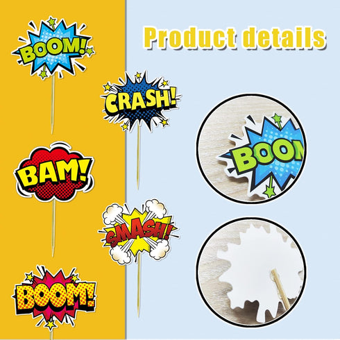 SuperHero Boom Cupcake Toppers 48 Pack Happy Birthday Cake Decor for kids Hero Theme Birthday Party Supplies Celebrating Party Events Baby Shower...