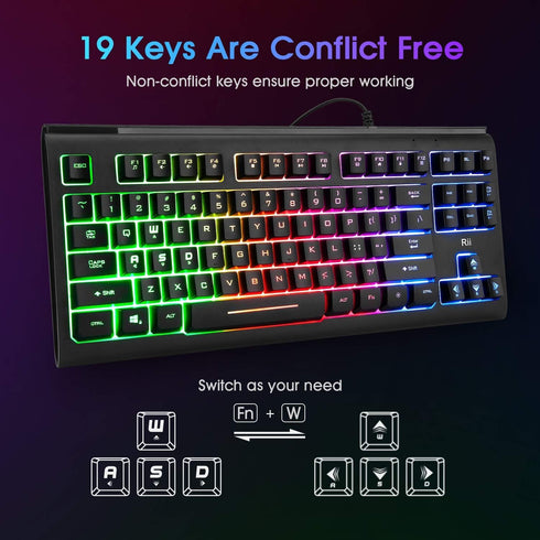 Rii Gaming Keyboard,87-Keys RGB Backlit Compact Keyboard,Silent Computer Keyboard,USB Wired Keyboard for Laptop,PC,Windows,Mac...
