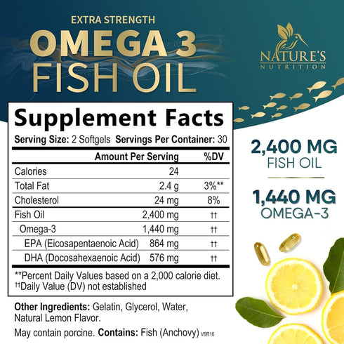 Triple Strength Omega 3 Fish Oil 2400 mg Softgels, Nature's Fish Oil Supplements, Brain & Heart Health Support - EPA & DHA, 1200 MG Fish Oil in Ea...