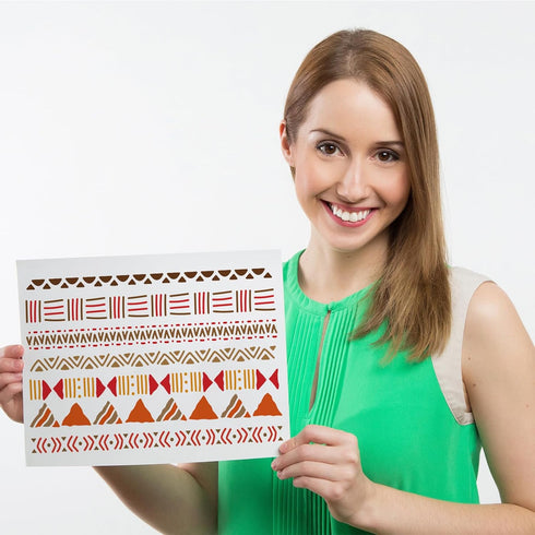 FINGERINSPIRE Mudcloth Elements Pattern Stencil 8.3x11.7inch Tribal Borders Drawing Template African Boho Floral Frame Stencils for Painting on Wo...