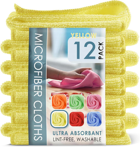 Hearth & Harbor Microfiber Cleaning Cloth, Microfiber Towels for Cars 12 Pack Washcloths, Yellow Cleaning Rags, Reusable Microfiber Towel, Microfi...