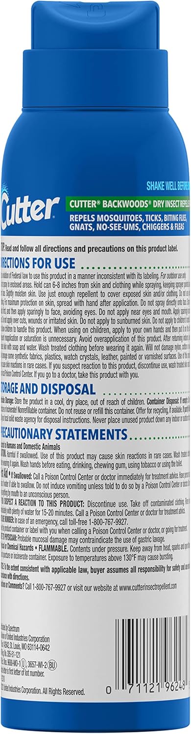 Cutter Backwoods Dry Insect Repellent, Mosquito Repellent, 25% DEET, Sweat Resistent, 4 Ounce (Aerosol Spray)...