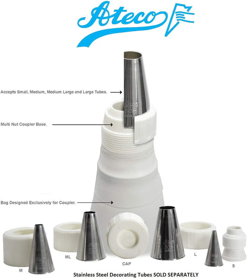 Ateco Universal Pastry Coupler and Cap Set | 7 Piece Set | Works with 250 Ateco decorating Tubes plus tips from other brands...