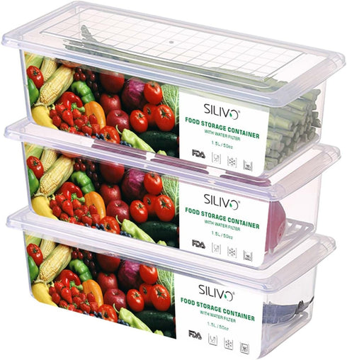 SILIVO Fruit Storage Containers for Fridge (3 Pack) - 1.5L Produce Saver Containers for Refrigerator with Removable Drain Tray Keep Fresh for Prod...
