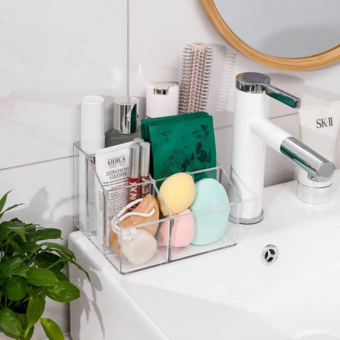 Yesesion Clear Makeup Organizer with 5 Compartments, Plastic Bathroom Counter Storage for Skincare, Toothbrush, Cosmetics Brushes, Palette, Lipsti...