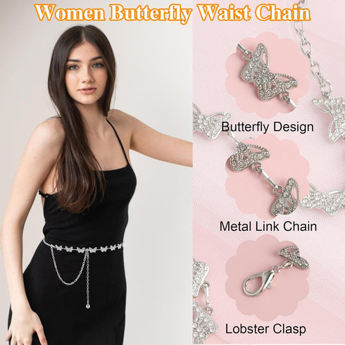 Women Butterfly Waist Chain Belt, Metal Rhinestones Waist Belts Women Dress Belts Body link Chain Belt for Girl Women...