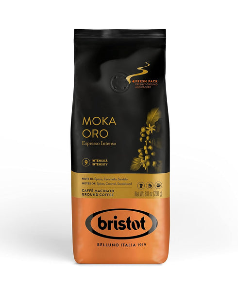 Bristot Moka Oro Ground Coffee | Italian Ground Espresso | Medium Roast | For Moka, French Press, Pour Over | 8.8oz/250g...