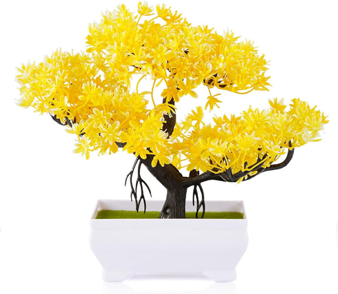 Mini Artificial Bonsai Tree Plants with Plastic Cement Pots for Home Office Décor (Yellow)...
