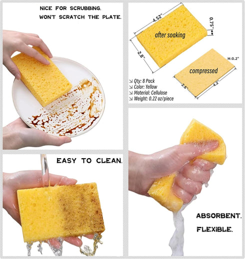 8-Pack Cellulose Sponges Compressed Kitchen Sponges Pack, Dish Washing Scrubbers Pop Up Sponges Scrub Sponges Cleaning Sponge without Scratching...