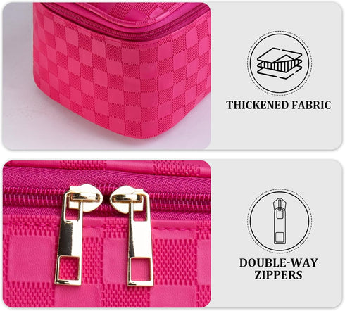 Large Travel Makeup Bag Makeup Case Organizer,Waterproof Leather Checkered Cosmetic Bag Toiletry Bag for Girls Traveling with Removable Divider,Gi...