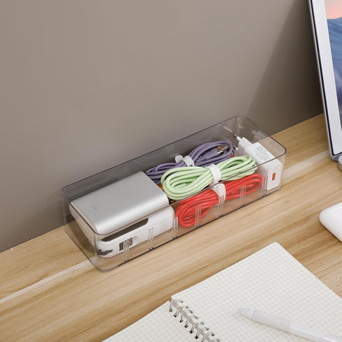 Yesesion Clear Plastic Cable Organizer Box with Adjustment Compartments, Desk Accessories Storage Case with 10 Wire Ties for Drawer, Office Suppli...