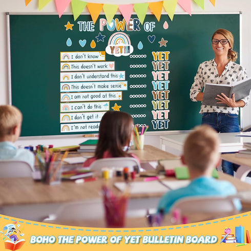 Boho The Power of Yet Classroom Bulletin Board Decoration Rainbow Motivational Growth Mindset Cutouts Boho Rainbow Inspirational Wall Decor for El...