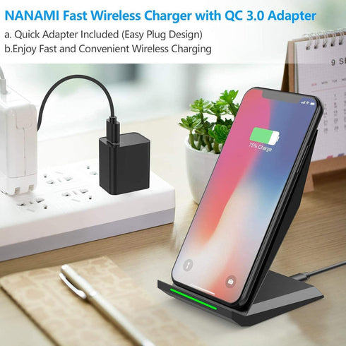 NANAMI Fast Wireless Charger with USB Phone Charger, Qi Certified Charging Stand with QC3.0 Adapter 7.5W Compatible iPhone 15/14/13/12/11,10W for ...