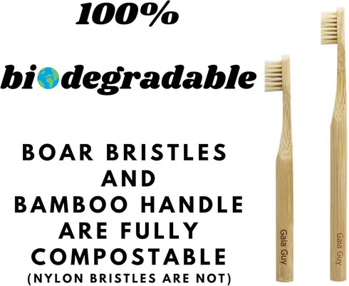 Gaia Guy Natural Bristle Bamboo Toothbrush Family Pack (NO Nylon - Boar Hair ONLY) - Totally Compostable & Biodegradable Boar Bristle and Bamboo T...