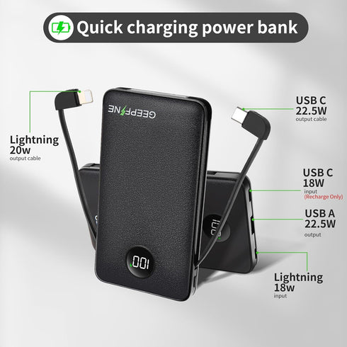 GEEPFINE Portable Charger with Built in Cable Fast Charging Power Bank 10000mah Lightweight Phone Battery Pack Portable Charger PD20W QC22.5W Port...