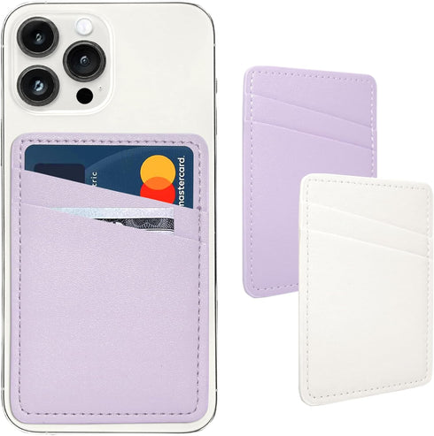 Phone Wallet Stick On, Leather Phone Card Holder, Credit Card Holder for Phone Case Compatible with iPhone, Samsung and Android - White, Purple...