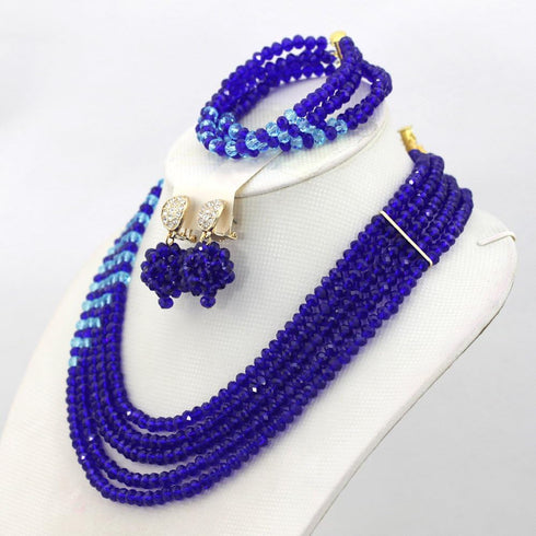 5 Rows Royal Blue Crystal Jewelry Set Handmade African Wedding Necklace Bracelet Earrings Set...