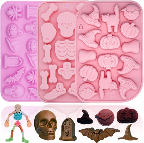 Halloween Silicone Molds For Baking,3 Pack Halloween Molds For Chocolate Candy Molds Silicone Pumpkin Skull Mold Cake Skeleton Mold Ghost Bat Sili...