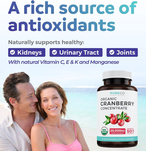 Organic Cranberry Pills - 50:1 Concentrate Equals 25,000mg of Fresh Cranberries (Vegan) for Urinary Tract Health & Kidney Cleanse - Cranberry Pill...