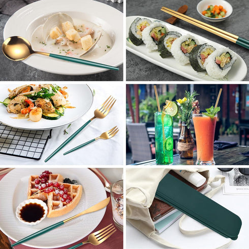 AARAINBOW 8 Pieces Stainless Steel Flatware Set Portable Reusable Cutlery Set Travel Utensils Set Including Chopsticks Knife Fork Spoon Straws Cle...